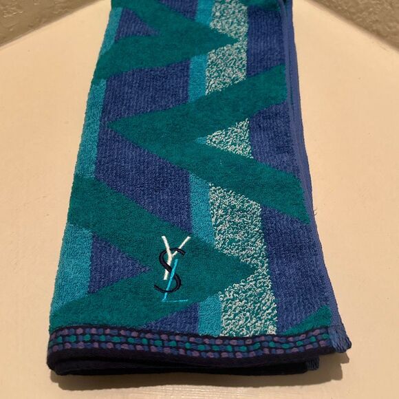 Yves Saint Laurent Decorative Hand Towel Teal Blue Geometric Maximalist Beachy - Picture 1 of 7
